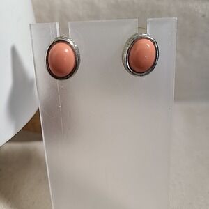 Coral Stud‎ Earrings Silver Tone Textured Cabochon Oval Womens Jewelry